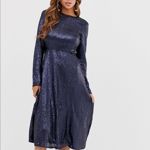TFNC London Synthetic Long Sleeve Fit And Flare Sequin Midi Dress - Picture 7 of 7